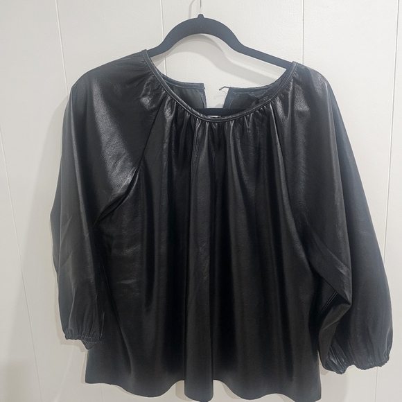 Madison Contemp Simons Tops - Pleather Pleated Round Neck Black Women's Top Size M